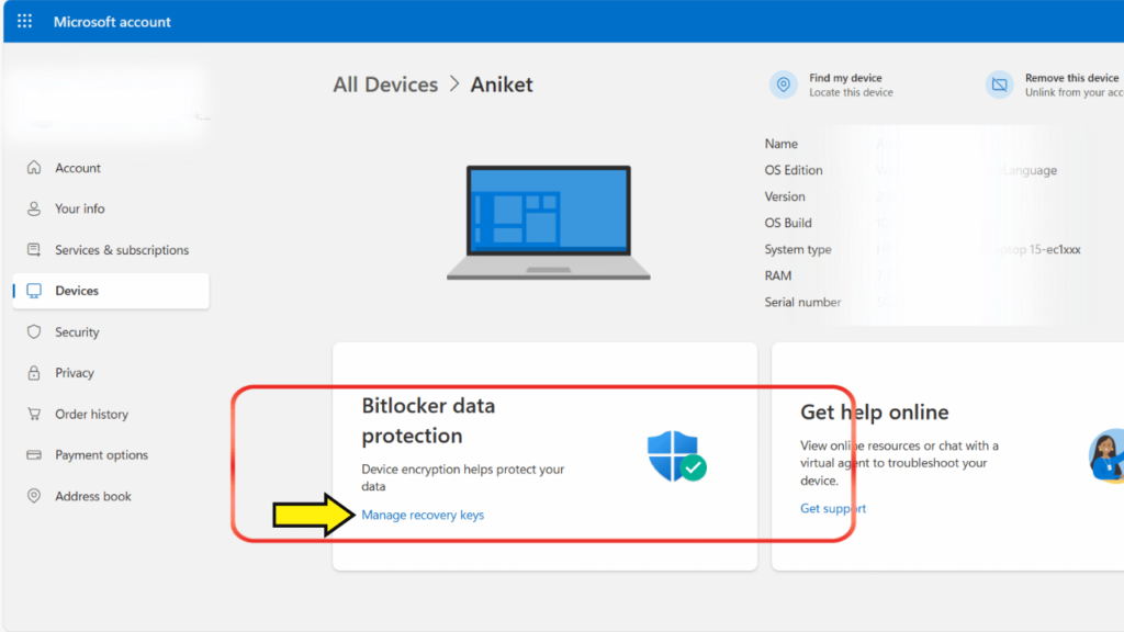 Click manage recovery key