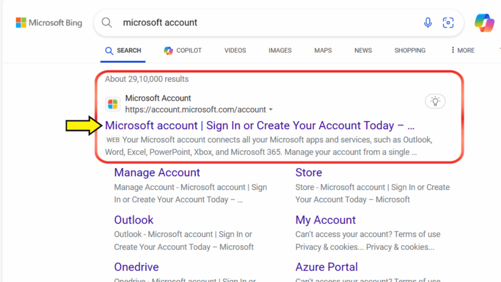 search microsoft account and open first link