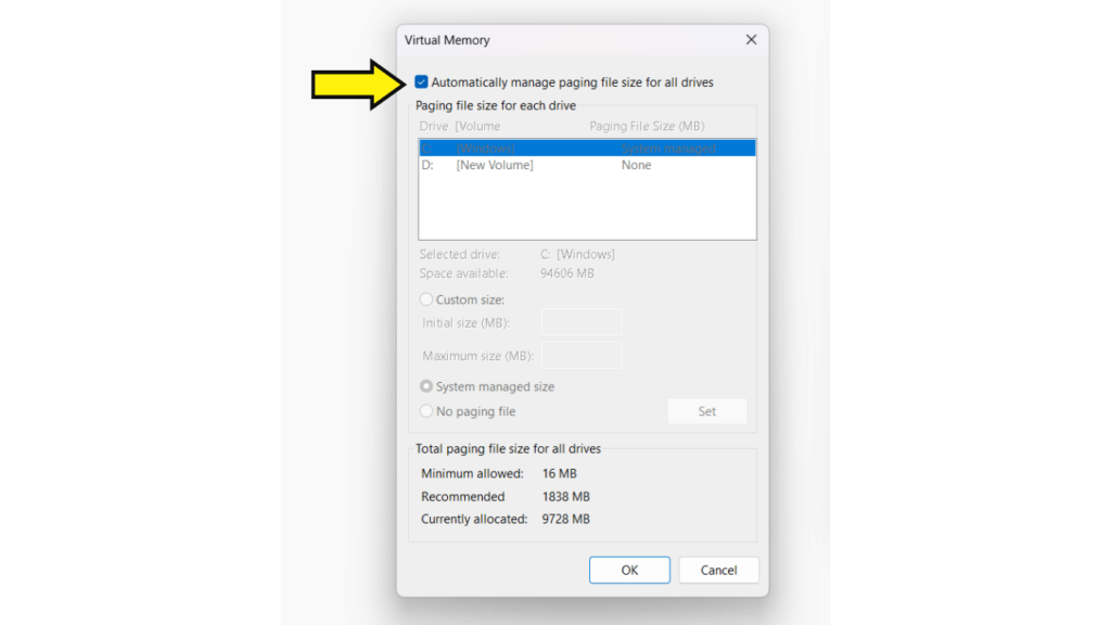 Automatically manage paging file size for all drives